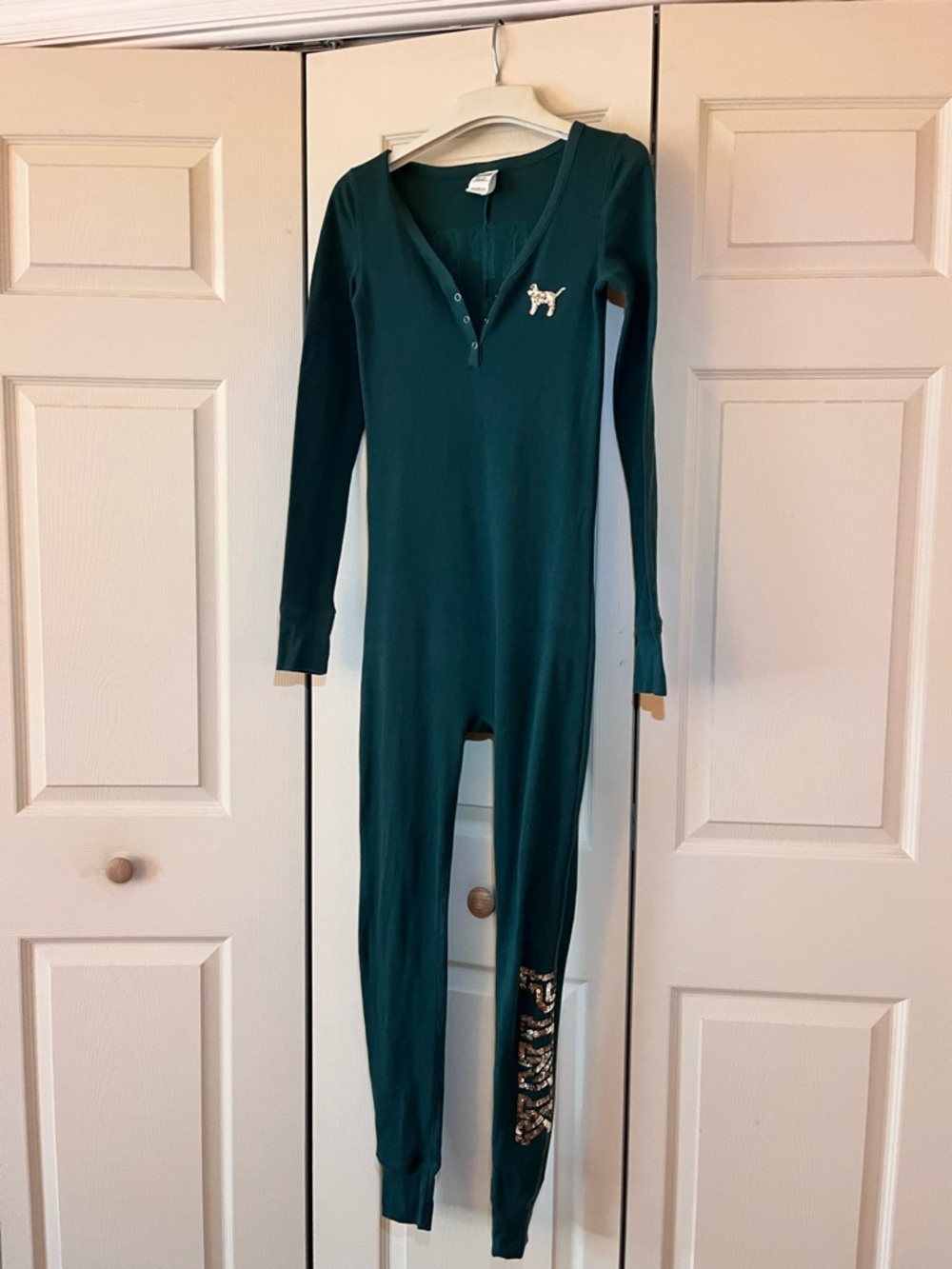 PINK Victoria's Secret Dark Green, Sequins Onesie Sleep PJ’s Happy Holla days